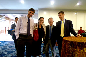 BRIDGE Members of the International Contact Group (from left), Keizo Takewaka, political minister of the Japanese Embassy in Manila (partly covered); David Gorman of the Centre for Humanitarian Dialogue; Emma Leslie of the Centre for Peace and Conflict Studies in Cambodia who represents Conciliation Resources; Dr. Steven Rood of The Asia Foundation and Chris Wright, political officer of the United Kingdom’s Embassy in Manila. They shuttled between the government and MILF peace panels and got them to return to the negotiating table after the 11:45 a.m. adjournment at the Royale Chulan Hotel in Kuala Lumpur on Tuesday, to clarify their respective statements. MindaNews photo by Carolyn O. Arguillas