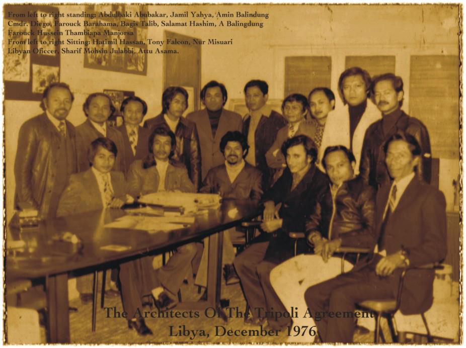 The MNLF in 1976. MNLF chair Nur Misuari (center, seated). MNLF vice chair Salamat Hashim (fourth from right, standing) would later form the Moro Islamic Liberation Front. Photo courtesy of MNLF Facebook page