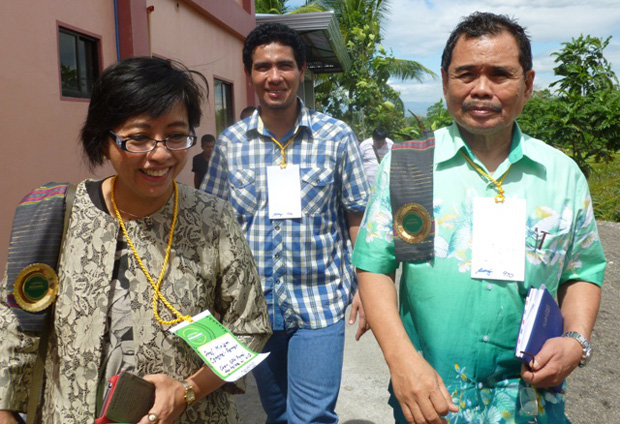 PEACE PANEL CHAIRS. GPH peace panel chair MIriam Coronel-Ferrer and MILF peace panel chair Mohagher Iqbal at the February 11 launching of Sajahatra Bangsamoro in Sultan Kudarat, Maguindanao. Behind them is Mike Pasigan, the MILF peace panel's spokesperson for the Sajahatra Bangamoro MindaNews Photo by Carolyn O. Arguillas