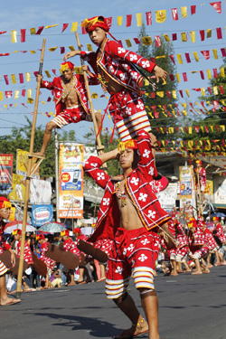 Dancers from Kitaotao town do some acrobatics during the street dancing contest Saturday, March 2, 2013 in Malaybalay City. The competition highlighted the Kaamulan, an annual festival showcasing Lumad cultures in Bukidnon, and touted by organizers as the only genuine ethnic festival in the country. MindaNews photo by H. Marcos C. Mordeno