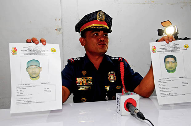 LONE BOMBER. Police Superintendent Michael John Deloso of the Cagayan de Oro police holds the cartographic drawing of the lone suspect who placed the bomb at Kyla’s Bistro at LimketKai Rosario Arcade,  Cagayan de Oro killing eight persons and injuring 48 others last July 26. Police said the two sketches was computer drawn based on witnesses testimonies who saw the suspect wearing a bullcap and not wearing it. MindaNews photo by Froilan Gallardo