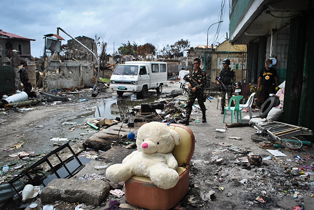 Lustre Street in the aftermath of heavy fighting at Barangay Santa Barbara, Zamboanga City during the three-week standoff. MindaNews photo by Jowel F. Canuday