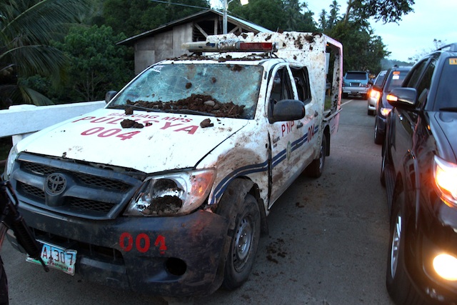 The patrol car owned by Bacuag Municipal Police Station in Surigao del Norte after the ambush allegedly by the New People’s Army in Sitio Julilon, Barangay DugsanonSaturday afternoon. MindaNews photo by Roel N. Catoto 