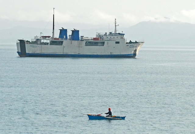 M/V Maharlika II anchored off Lipata port in Surigao City in this file photo taken Dec. , 2013. The Roll-on/ roll off ferry was undergoing repairs near the port when this photo was taken. The ferry reportedly sank off Southern Leyte Saturday night, September 13, 2014. MindaNews file photo by Froilan Gallardo