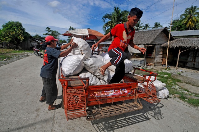AFTER THE BATTLE. Residents unload their sacks of half-dried copra as they returnto their village in Barangay Tukanalipao, Mamasapano on January 27, 2015, two days after the fighting that left 44 policemen and at least 10 Moro rebels dead. MindaNews photo by Froilan Gallardo