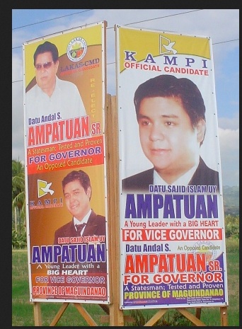2007 ELECTION. Campaign billboard of Andal Ampatuan Sr., (for Maguindanao Governor) and youngest son Sajid Islam (Vice Governor) along the highway of Maguindanao in 2007. MindaNews file photo by Carolyn O. Arguillas