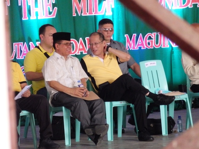 PARTNERS IN PEACE. President Benigno Simeon Aquino III and MILF chair Al Haj Murad Ebrahim on stage at the ceremonial decommissioning on Tuesday at the gymnasium of the old Maguindanao Capitol in Simuay, Sultan Kudarat, Maguindanao. MindaNews photo by Carolyn O. Arguillas