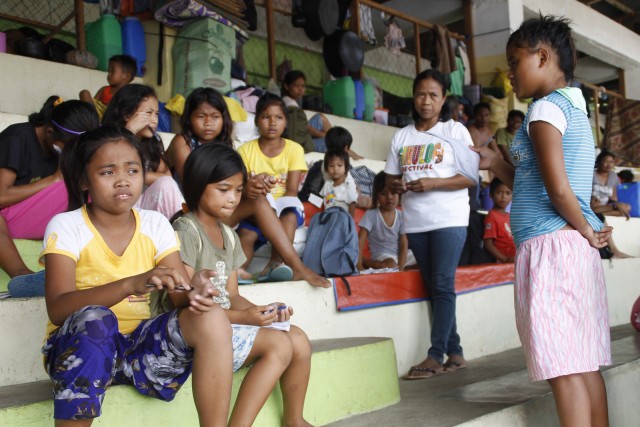 Child evacuees hold classes at the evacuation center in Tandag City (Oct. 1, 2015). MindaNews photo by H. Marcos C. Mordeno