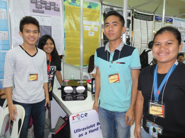 Szara Antao (second from left), 16, led her classmatesin assembling an ultraviolet box as a hand sanitizer. This group from Digos City National High School harness UVA rays using UV LED bulbs to kill bacteria and viruses. Jesse Pizarro Boga