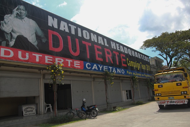 NATIONAL HQ. A commercial building along Diversion road in Ma-a, Davao City has been converted into the national headquarters of Presidential candidate Rodrigo Duterte’s campaign team. MindaNews photo by TOTO LOZANO