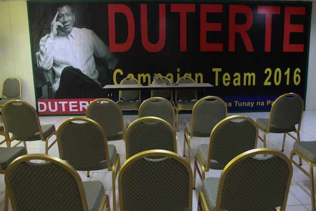 06duterte2 MEDIA BRIEFING. The media briefing room at at the national headquarters of Presidential candidate Rodrigo Duterte's campaign team, located at Diversion road, Ma-a, Davao City. MindaNews photo by TOTO LOZANO 