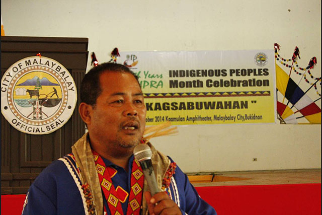 Datu Benjamin "Otto" S. Omao, IP mandatory representative to the Malaybalay City council, speaks during the indigenous People’s month celebration in this file photo taken in October 2014. Omao was shot dead in the Indigenous Peoples Apostolate office in Malaybalay City on May 16, 2016. The New People's Army claimed responsibility for killing Omao . MindaNews photo by WALTER I. BALANE 