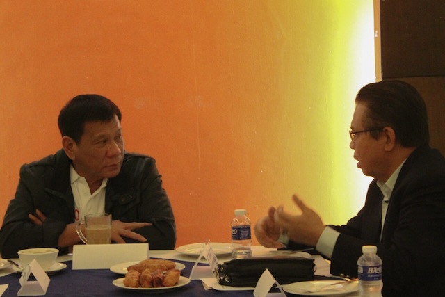 President-elect Rodrigo Duterte and Moro Islamic Liberation Front (MILF) chair Al Haj Murad Ebrahim spent around 20 minutes to talk peace during a one-on-one meeting Friday night at Hotel Elena in Davao City. Photo contributed to MindaNews 