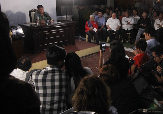 President-elect Rodrigo Duterte presents members of his Cabinet during a press conference at "Malacanang of the South" inside the Department of Public Works and Highways compound in Panacan, Davao City on Tuesday night, May 31, 2016. MindaNews photo by TOTO LOZANO