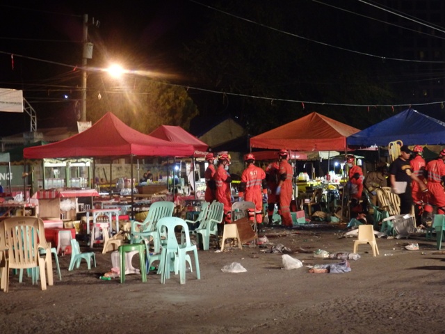 The blast site in the early hours of Saturday, 3 September 2016, The explosion at 9:50 p.m. on Sept. 2 killed 14 and injured 70 others. MindaNews photo by Carolyn O. Arguillas