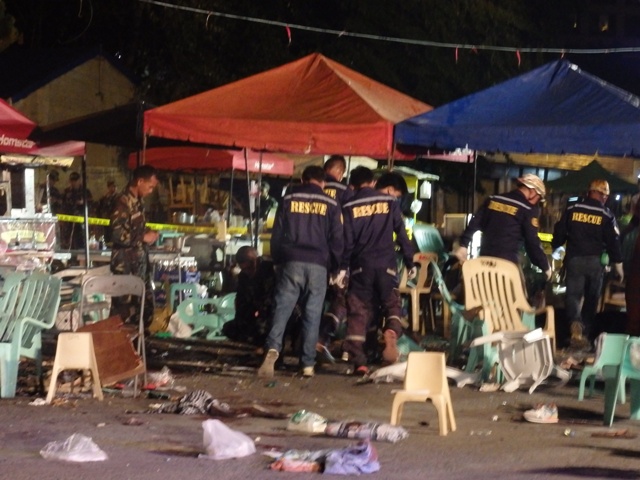 ONE BLAST, 13 KILLED. In the aftermath of the explosion at the night market along Roxas Avenue at around 9:50 p.m. Friday, 02 September 2016: Ten dead. Three more expired at the hospital as of 2 a.m. Sixty three others were rushed to five hospitals for treatment of injuries, a number of them in critical condition. MindaNews photo by Carolyn O. Arguillas