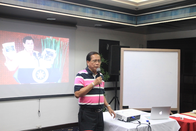 Presidential Adviser on the Peace Process Jesus Dureza gives updates on the peace processes with the MILF, MNLF and NDF during a training-workshop on "Reporting the Peace Process" at the Waterfront Insular Hotel on Saturday, 5 November 2016. MindaNews photo by GG Bueno