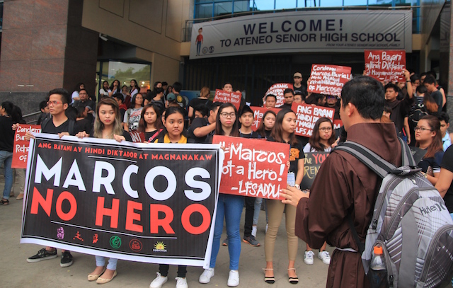 Students of Ateneo de Davao University stage a protest action Wednesday against the Nov. 18 burial of the remains of the deposed dictator Ferdinand Edralin Marcos at the Libingan ng mga Bayani, in preparation for the "National Day of Rage and Unity" on Friday at the Freedom Park. MindaNews photo by Gregorio Bueno 