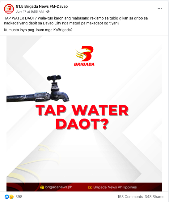 FACT CHECK: Water supply in Davao City’s Toril and Matina districts safe for drinking